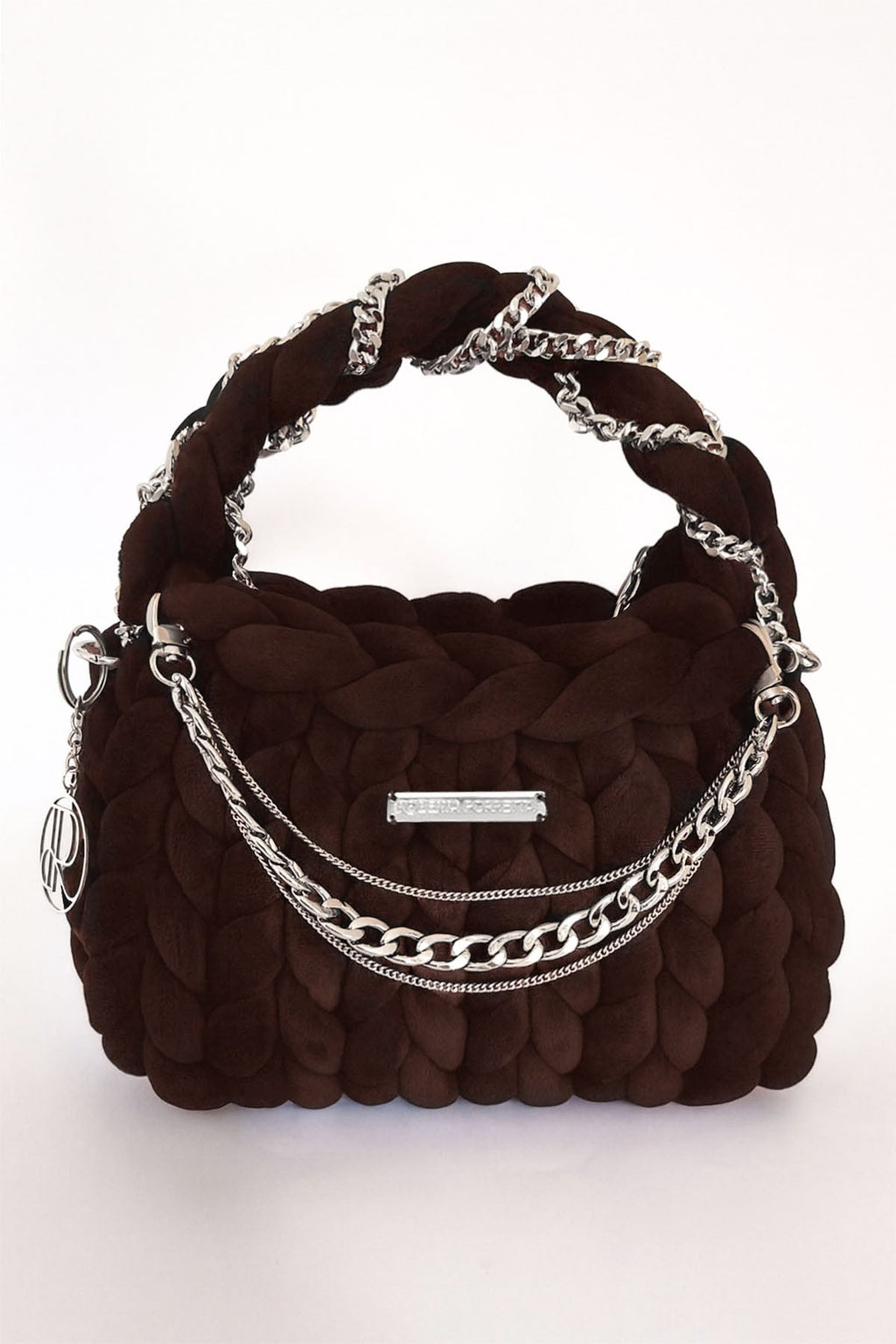 borsa a mano handmade velluto marrone moka filato marshmallow catene metalliche Roberta Porretta
