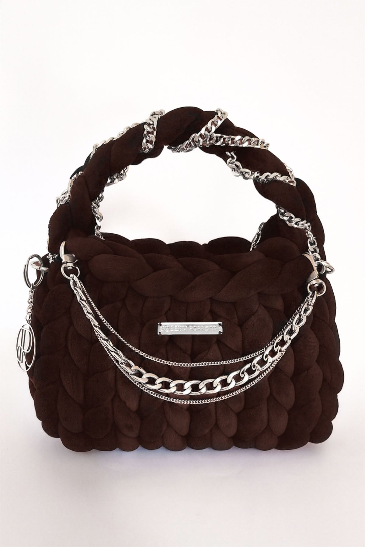 borsa a mano handmade velluto marrone moka filato marshmallow catene metalliche Roberta Porretta
